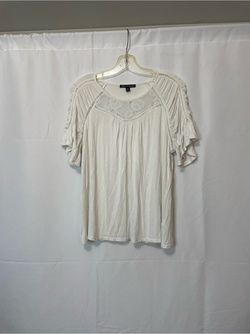 Cable & Gauge Lace-Trim Short Sleeve Top White Womens Medium